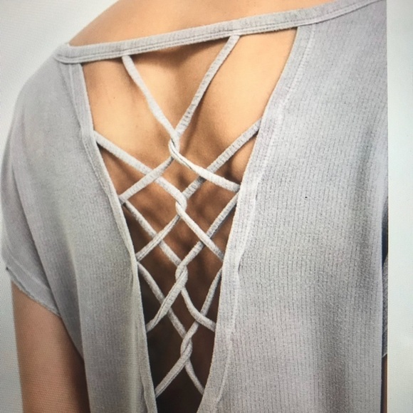 Lavender/gray lattice strap back longer length top - Picture 5 of 8